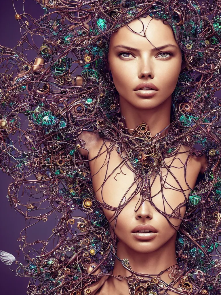 Image similar to a centered render of adriana lima surrounded by intertwining bio - mech tendrils made of machine and robot parts and gemstones and leaves and feathers and incense smoke, full body, gorgeous face, perfect face, powerful, by james jean, by ross tran, 3 d, cinema 4 d render, trending on artstation, octane render, 8 k