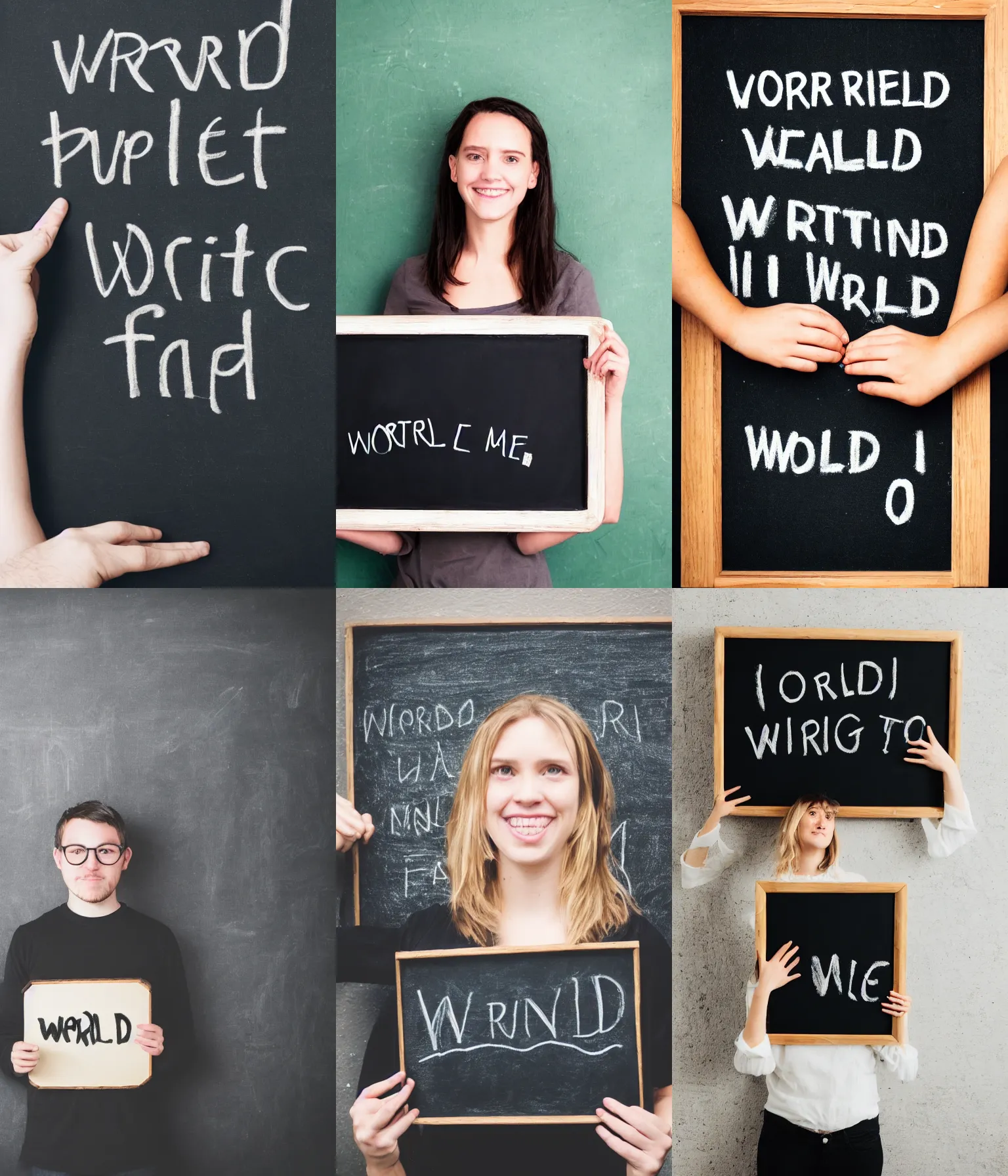 Prompt: portrait photo of the person holding a chalkboard with the writing ( the world hates me and so do i )