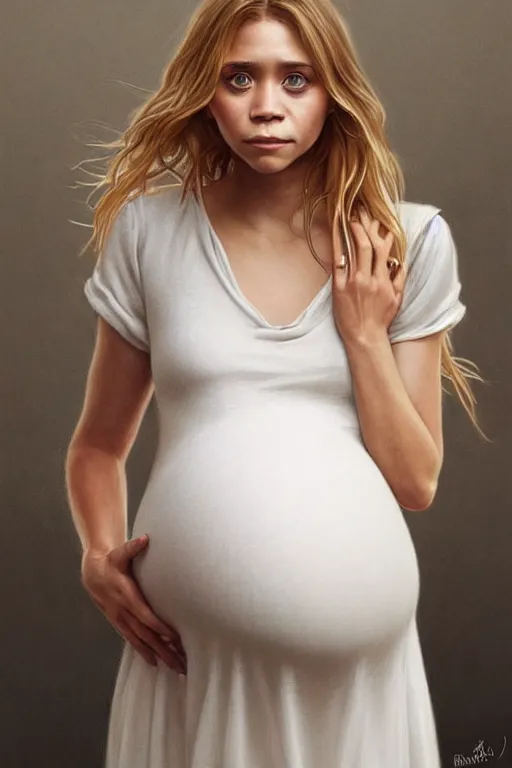 Prompt: pregnant ashley olsen in a thin white dress, realistic portrait, symmetrical, highly detailed, digital painting, artstation, concept art, smooth, sharp focus, illustration, cinematic lighting, art by artgerm and greg rutkowski and alphonse mucha
