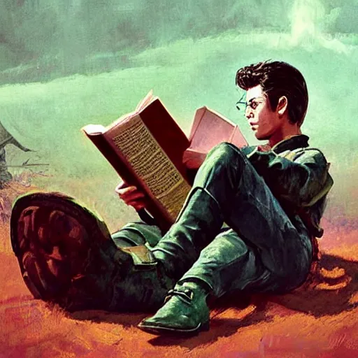 Image similar to a highly detailed epic cinematic concept art CG render digital painting artwork costume design: young James Dean as a well-kept neat anarchist rebel in 1950s green USSR mechanic outfit and big boots, reading a book. By Greg Rutkowski, Ilya Kuvshinov, WLOP, Stanley Artgerm Lau, Ruan Jia and Fenghua Zhong, trending on ArtStation, subtle muted cinematic colors, made in Maya, Blender and Photoshop, octane render, excellent composition, cinematic atmosphere, dynamic dramatic cinematic lighting, aesthetic, very inspirational, arthouse