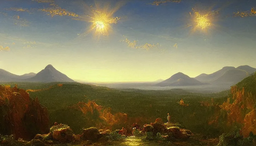 Prompt: a landscape painting depicting a remote rimworld with two above, oil on canvas, hudson river school, Thomas Cole, Fredric Edwin Church