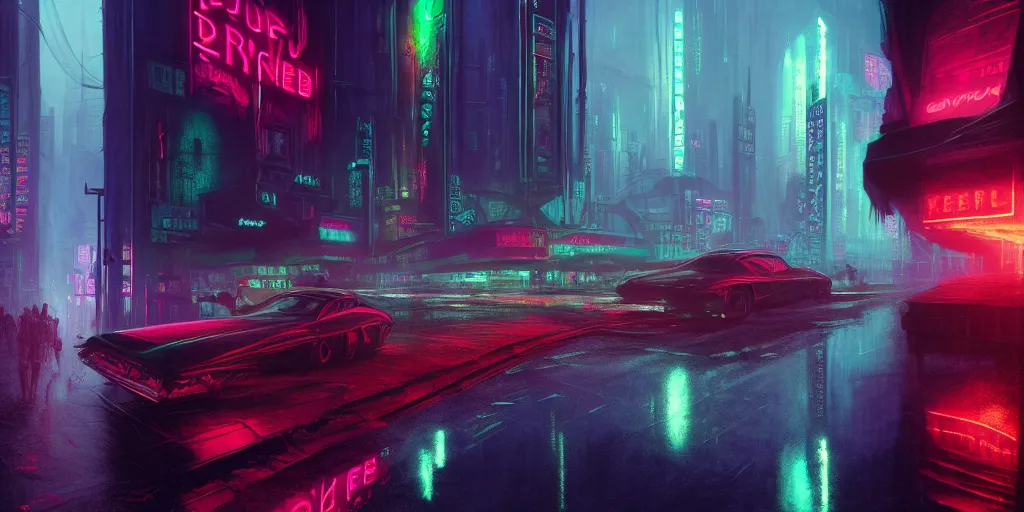 Image similar to concept art, octane render, a brooding, dystopian city, reflections, volumetric pastel neon lighting, dramatic, emerald red neon glow, 8 k, ultra - hd, insanely detailed and intricate, hypermaximalist, elegant, ornate, by gerald brom, by syd mead, akihiko yoshida, doug chiang, cinematic