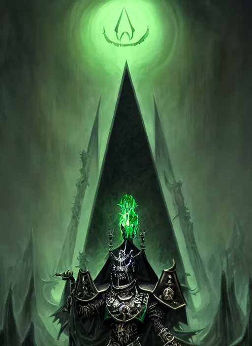 Image similar to portrait of nagash sitting atop his black pyramid, spirits of the dead, evil, grim dark, gloomy, mist, warhammer 4 0 k, onyx, intricate, elegant, evil green candles, highly detailed, digital painting, artstation, concept art, smooth, sharp focus, illustration, art by wlop, mars ravelo and greg rutkowski