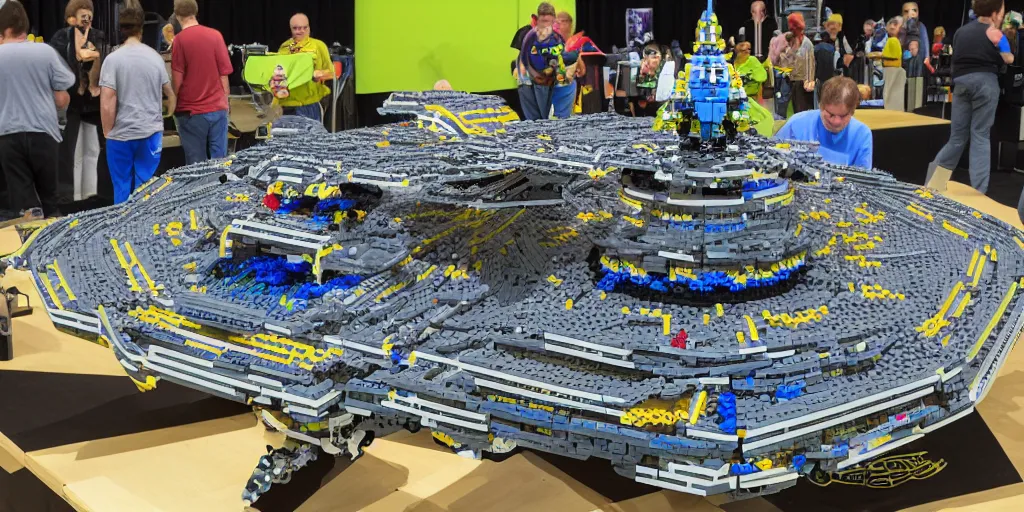 Image similar to wide shot lens photo of a very intricately detailed and epically shaped 1. 2 5 m long alien lego mothership ufo kit designed by a master builder as displayed at a lego convention.