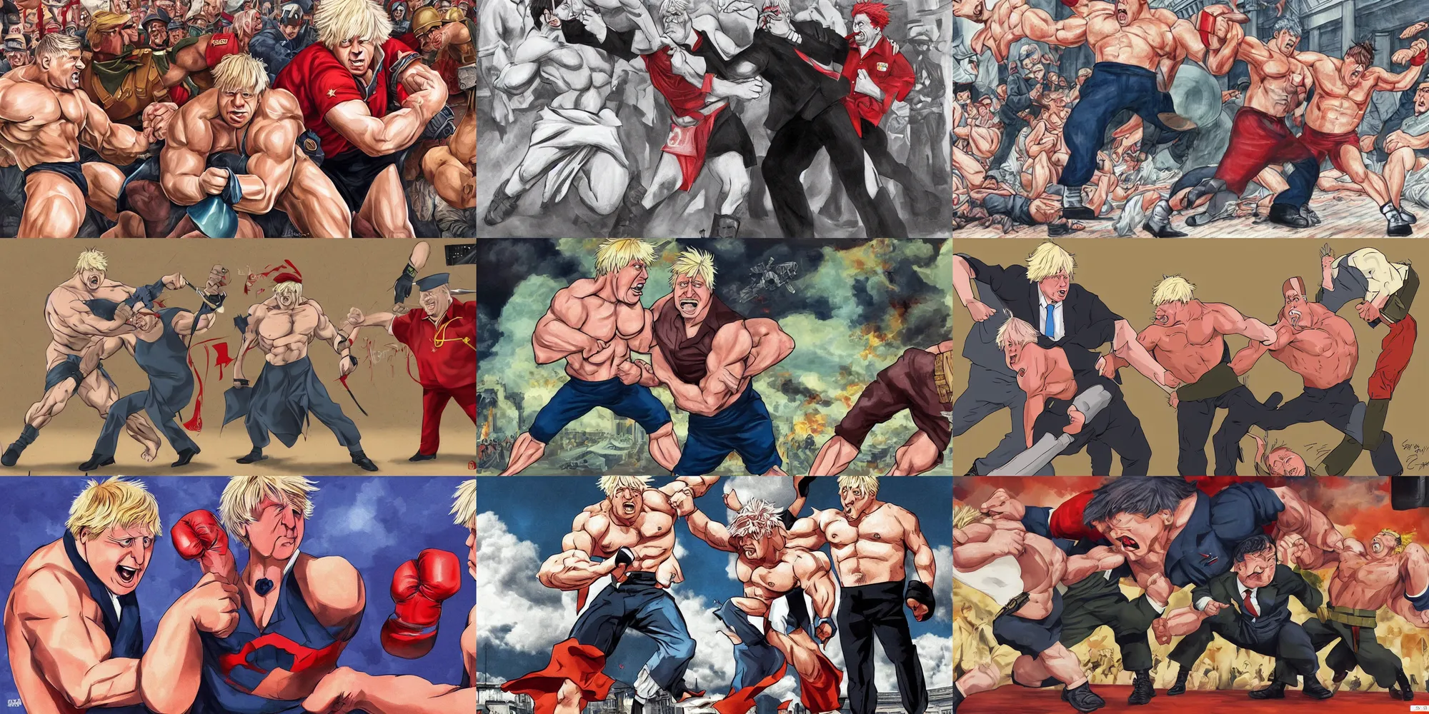 Prompt: boris johnson fighting joseph stalin, big muscles, anime, illustration, hyper realistic