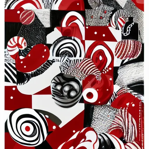 Image similar to red and white peppermint candy land collage in the style of Klaus Voormann, 1960s illustration, high quality, album cover