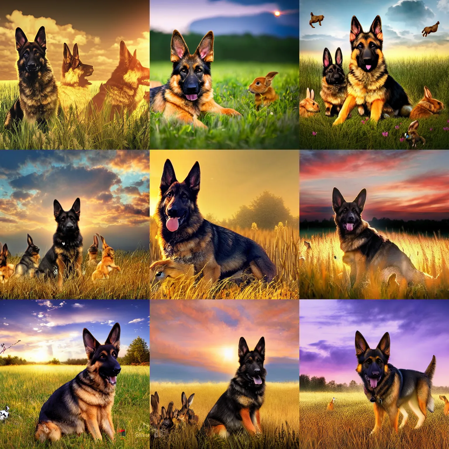 Prompt: german shepard in a field with bunnies, photography, hyper realistic, high detail, golden hour