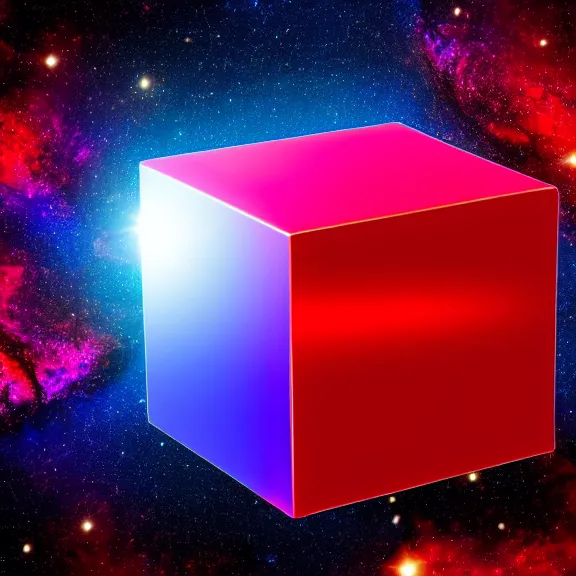Prompt: red iridescent cube left position, deep space background