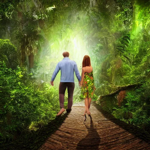 Image similar to a detailed photorealistic picture of two lovers holding hands walking through the forest overgrown canopy jungle lush foliage waterfall in background, 8k