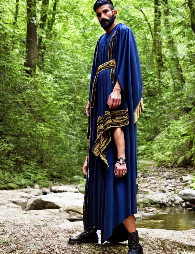Prompt: longshot modern intricate textile ancient roman toga cloak nature hispanic man chiseled chin walking along small creek river in the woods marc jacobs gucci black blue gold