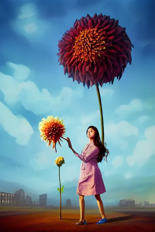 Image similar to closeup giant dahlia flower head, girl in a suit, street, surreal photography, blue sky, sunrise, dramatic light, impressionist painting, digital painting, artstation, simon stalenhag