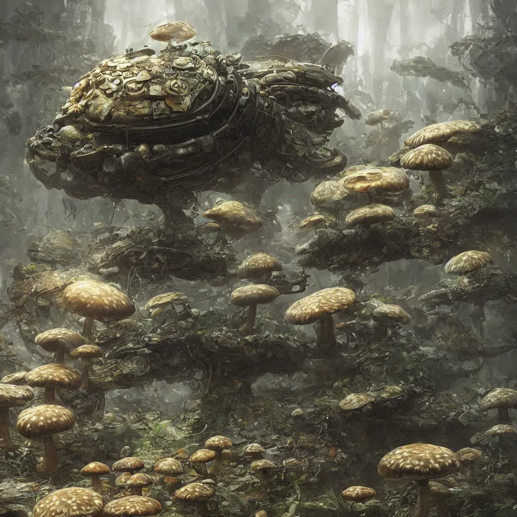 Prompt: a bio - mechanical tank with mushrooms as camouflage highly detailed, digital painting, artstation, concept art, smooth, sharp focus, elegant, illustration, unreal engine 5, 8 k, art by artgerm and greg rutkowski