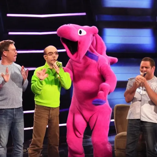 Image similar to barney the dinosaur wrestling steve from blues clues on the set of american idol, simon cowell standing and clapping his hands,