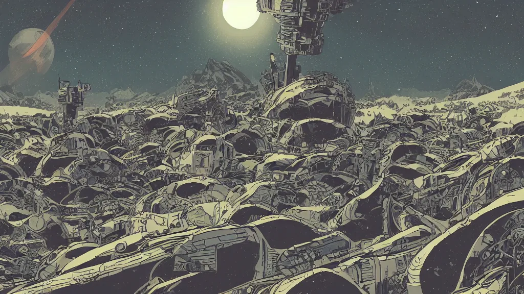 Image similar to very detailed, prophet graphic novel, ilya kuvshinov, mcbess, rutkowski, simon roy, illustration of space junk floating in space around a dystopian dead planet earth, illustration of decrepit cyberpunk arcologies, wide shot, colorful, deep shadows, astrophotography