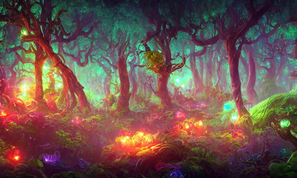 Prompt: bioluminescent fungi forest, highly detailed, magic fantasy, digital art, vibrant colors, keyframe illustration, trending on artstation, andreas rocha, sylvain sarrailh, darek zabrocki, finnian macmanus, dylan cole, liang mark, albert bierstadt, sung choi, peter mohrbacher, greg rutkowski