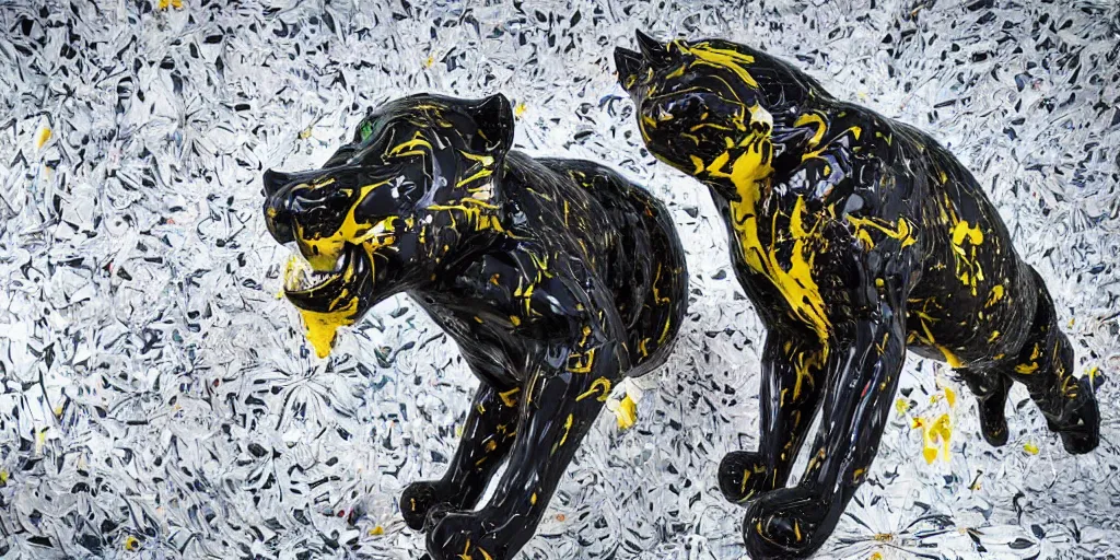 Image similar to abstract composition representing a panther created by a mixture of pistachio ice cream, black marble, dandelions and coca cola being thrown around by centrifugal forces, brilliant museum sculpture, award winning photo, 4k