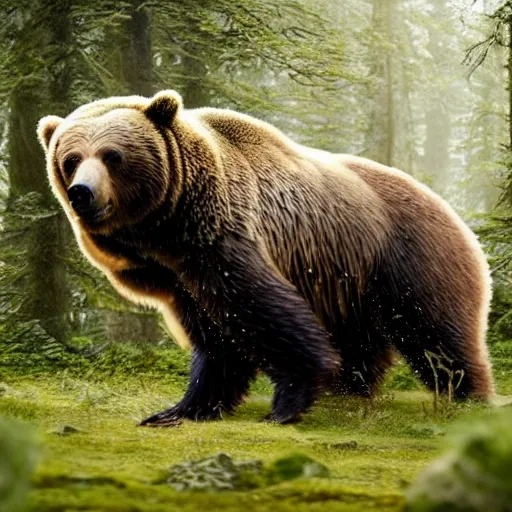 Prompt: a large grizzly bear lovecraftian monster running quickly through a woodland, magical forest, fantasy, Ireland, England, king Arthur, Lord of the rings, cinematic, realistic style, beautiful, majestic, dramatic lighting, early morning, dawn CGsociety, realistic, hyper maximalist, golden ratio, octane render, rule of thirds, wide shot , 8k resolution, epic volumetric light, cinematography, concept art, Artstation trending, environments, fantasy