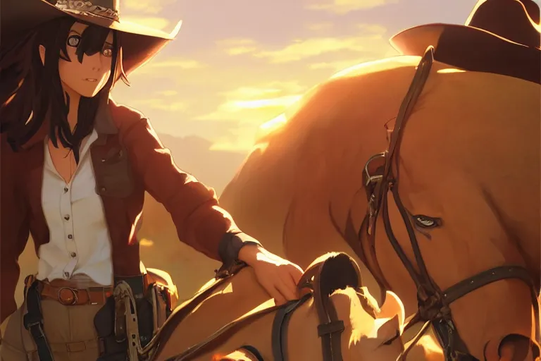 Image similar to western cowgirl, single subject, scenic full shot, ambient lighting, detailed face, by makoto shinkai, stanley artgerm lau, wlop, rossdraws