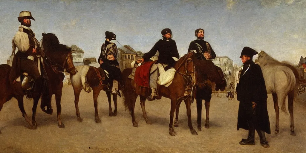 Prompt: oil painting of hegel on foot in a street in jena greeting napoleon on horseback as incarnation of the world spirit, realist painting, gustave courbet, jules bastien - lepage, incredible detail, natural light