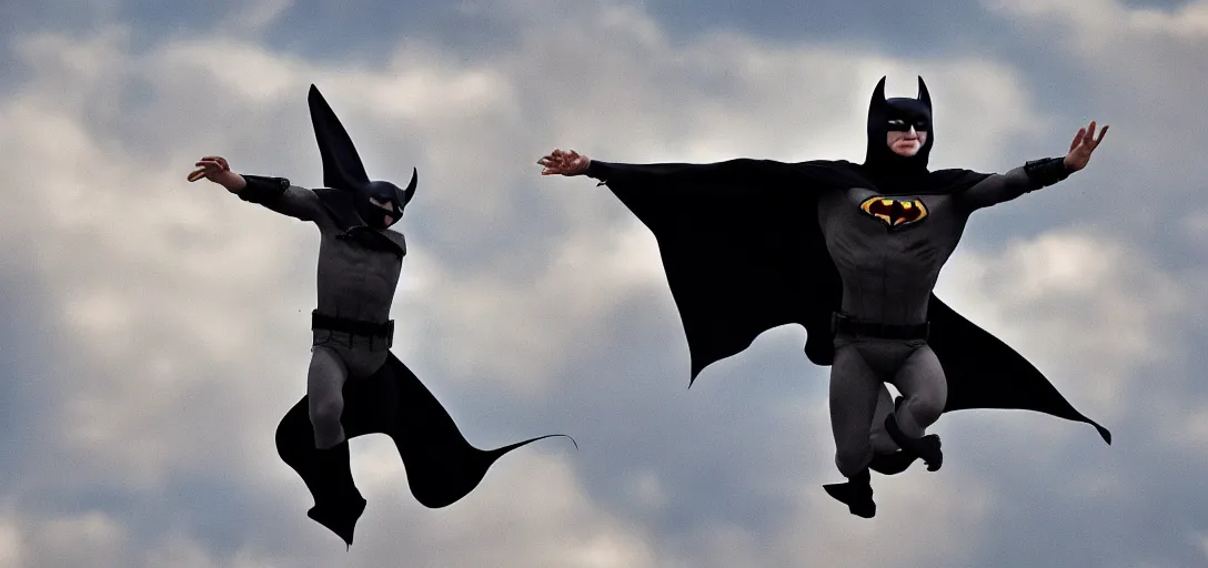 Image similar to putin child of batman, flying in sky