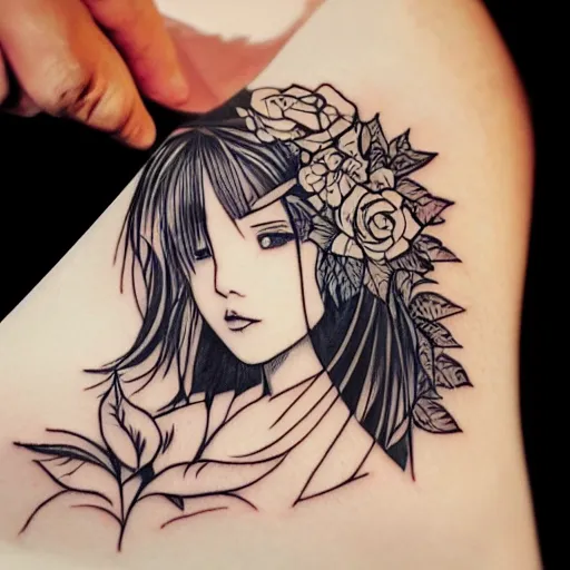 Prompt: tattoo design, stencil, beautiful japanese girls face, roses and ivy surrounding, looking over shoulder by artgerm, artgerm, cat girl, anime