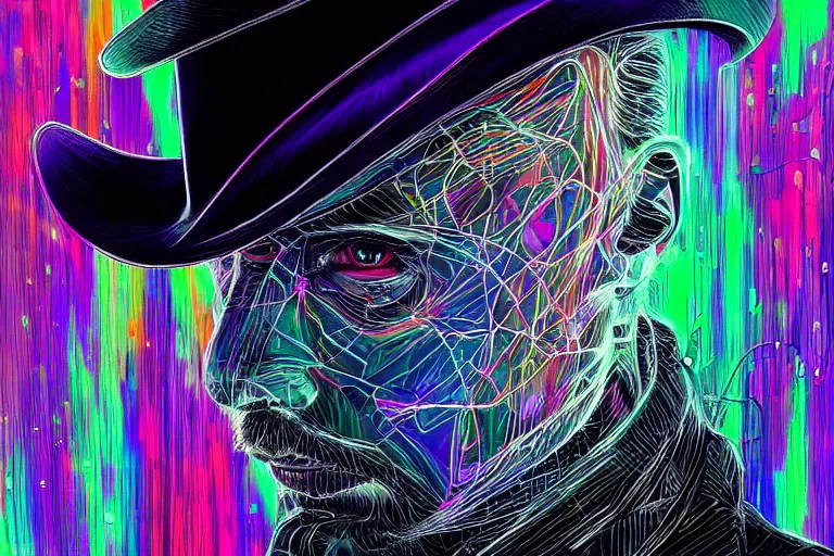 Image similar to A portrait of Thom Yorke as a cyberpunk wearing a bowler hat, iridescent highlights, surrounded by digital swirls, highly detailed, intricate, soft, sci-fi, sharp focus, glowing lines, art by artgerm and jean giraud