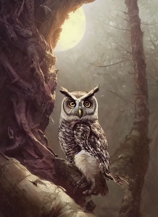 Image similar to Portrait of an Owl eating a rabbit, Dramatic clouds, Woods, Trees, Moon light, marvel comics, dark, intricate, highly detailed, smooth, artstation, digital illustration by Ruan Jia and Mandy Jurgens and Artgerm and Wayne Barlowe and Greg Rutkowski and Frank Frazetta