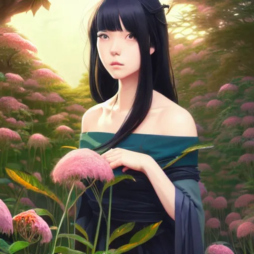 Image similar to a beautiful girl with long black hair, royal garden background, sharp focus, intricate, digital painting, artstation, highly detailed, ambient lighting, portrait by Studio Ghibli, Makoto Shinkai, Rossdraws, artgerm, Ilya Kuvshinov, and Greg Rutkowski