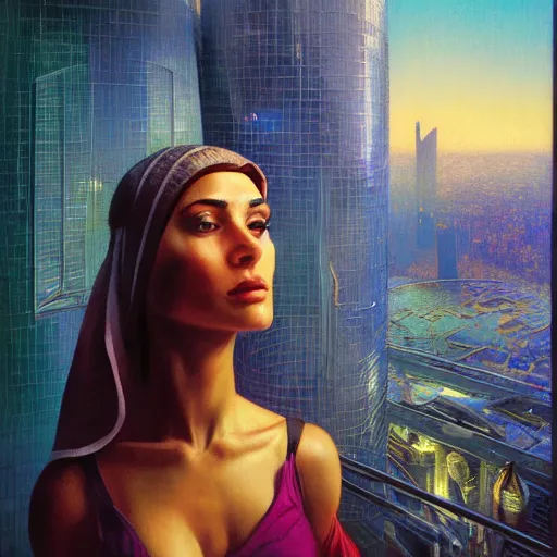 Image similar to detailed face of an arabic woman, tectonic cityscape, skydome, reactor, utopian, wet reflections, prism, atmospheric, ambient, pj crook, syd mead, livia prima, artgerm, greg rutkowski, nick alm, casey baugh