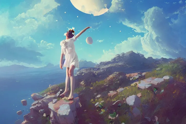 Image similar to giant white daisy flower crown on head, girl jumping on cliff, surreal photography, solar eclipse, milky way, dramatic light, impressionist painting, clouds, digital painting, artstation, james gilleard, liam wong, jeremy mann, simon stalenhag