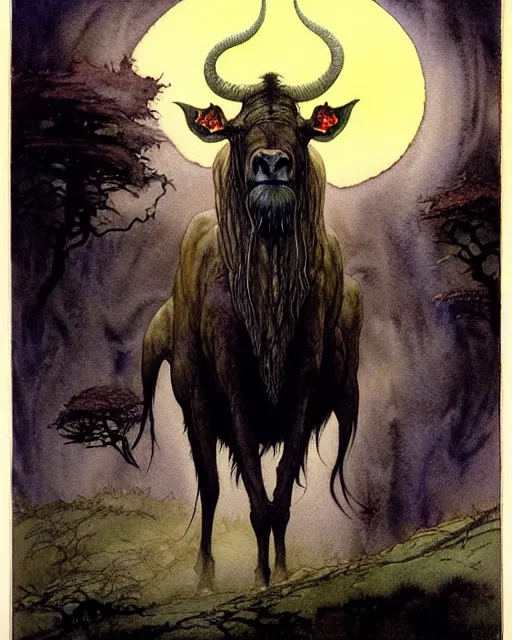 Image similar to a realistic and atmospheric watercolour fantasy character concept art portrait of a 4 0 ft. tall lovecraftian wildebeest emerging from the mist on the moors of ireland at night. by rebecca guay, michael kaluta, charles vess and jean moebius giraud