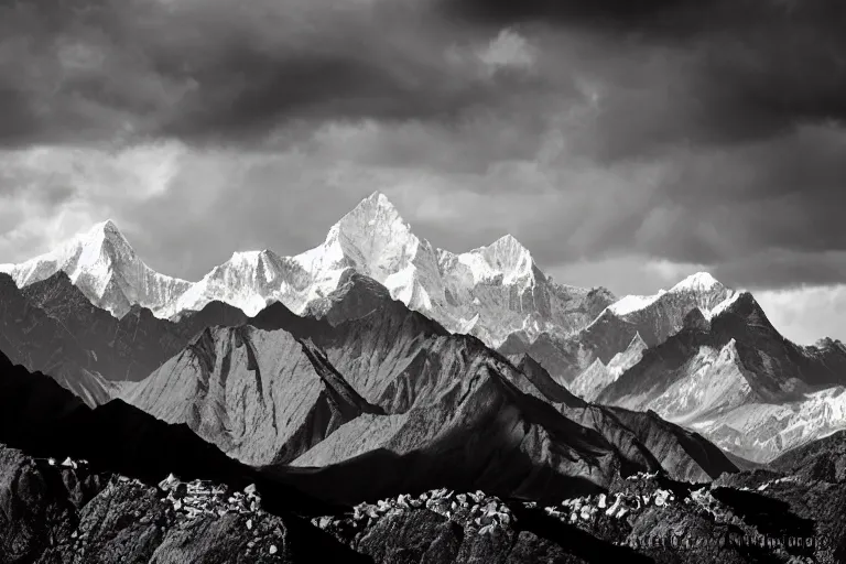 Prompt: amazing landscape photo of Himalayas by Ansel Adams, beautiful, dramatic lighting