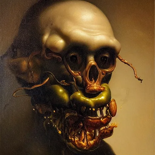 Image similar to refined gorgeous blended oil painting with black background by christian rex van minnen rachel ruysch dali todd schorr of a chiaroscuro portrait of an extremely bizarre disturbing mutated man with shiny skin acne intense chiaroscuro cast shadows obscuring features dramatic lighting perfect composition masterpiece