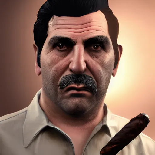 Image similar to a midage italian male, beardless, short black hair with gel, overweight, fine white shirt, leather belt, black pants, leather shoes, smoking a cigar, close up, gta v style, concept art, highly detailed, hyper realistic, unreal engine