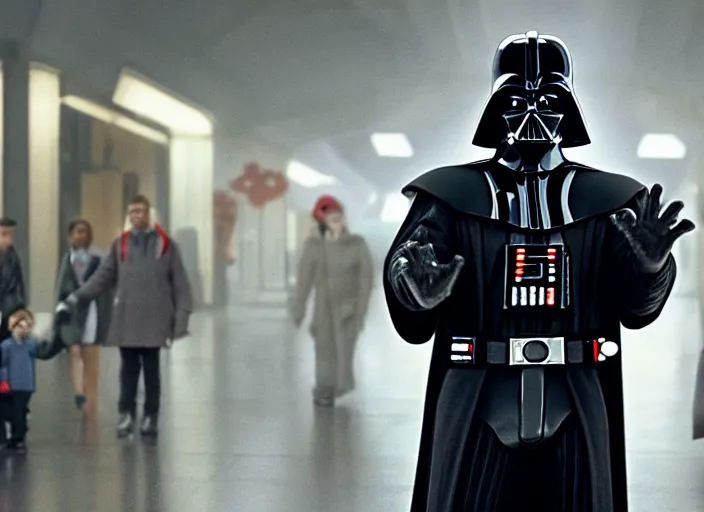 Prompt: film still of Darth Vader goes to the mall at Christmas time in the new Star Wars movie, 4k