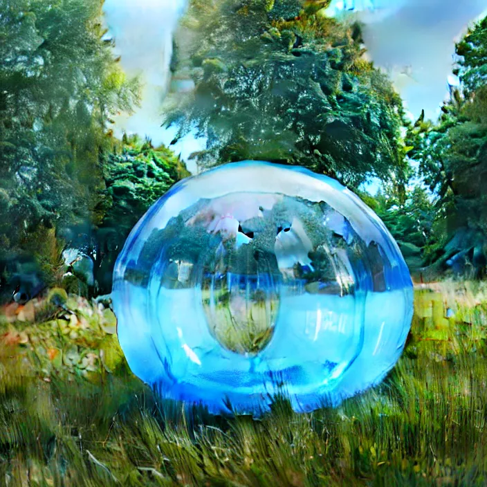 Prompt: render of one huge fantasy transparent translucent bluish slime in the meadow. fantasy, high details, masterpiece, cgsociety, octane render, 8 k, volumetric lighting, photorealism, translucent raytracing, artstation contest winner