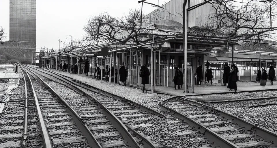 Prompt: School girls waiting on a urban train station, gloomy and misterious atmosphere