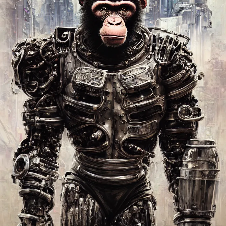 Image similar to a portrait of a muscular anthropomorphic cyberpunk chimp in spacesuit armor with ensignia on chest plate by sandra chevrier, by jon foster, detailed render, post - processing, extremely hyperdetailed, intricate, epic composition, cybernetics, 4 k realistic, cryengine, realistic shaded lighting, sharp focus, masterpiece, by enki bilal