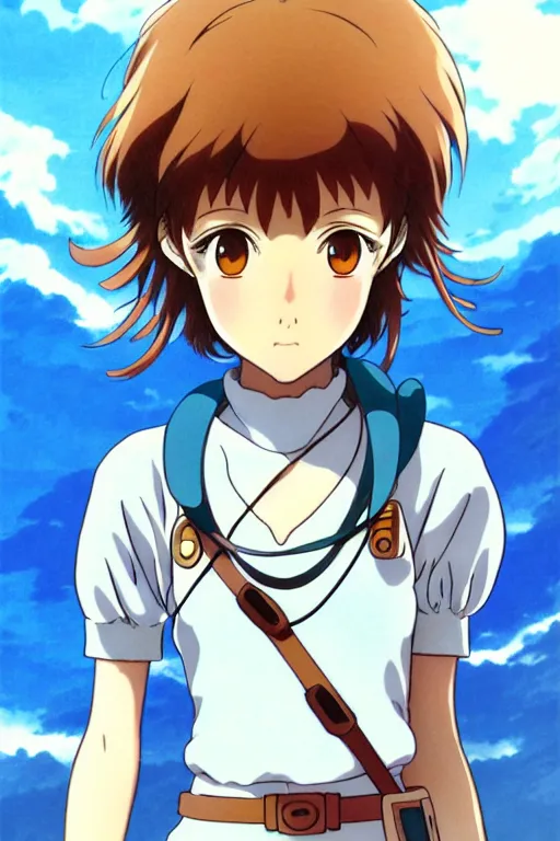 Image similar to anime art full body portrait character nausicaa concept art, anime key visual of elegant young female, brown hair and large eyes, finely detailed perfect face delicate features directed gaze, sunset in a valley, trending on pixiv fanbox, studio ghibli, extremely high quality artwork by kushart krenz cute sparkling eyes