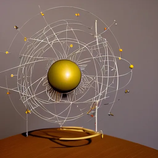 Prompt: a kinetic sculpture of this solar system, sun, orrery, canon 5 d 5 0 mm lens, papier - mache, studio, circa 2 0 0 8