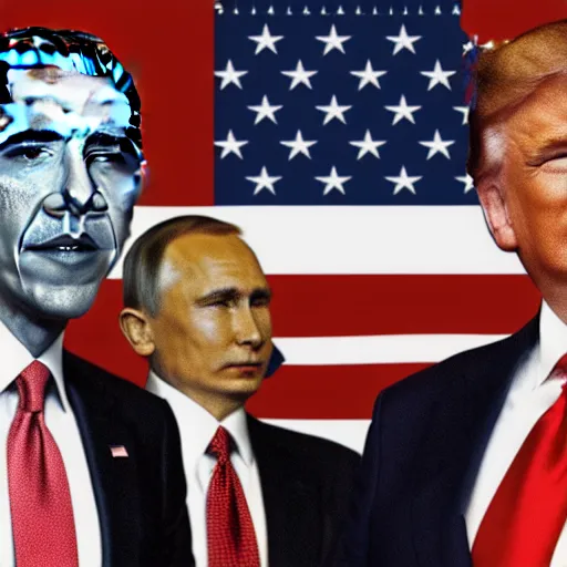 Image similar to obama with an american flag wrapped around his head, trump and putin in greyscale look on forebodingly in the background, red chinese flowers in the background, chinese characters in the foreground