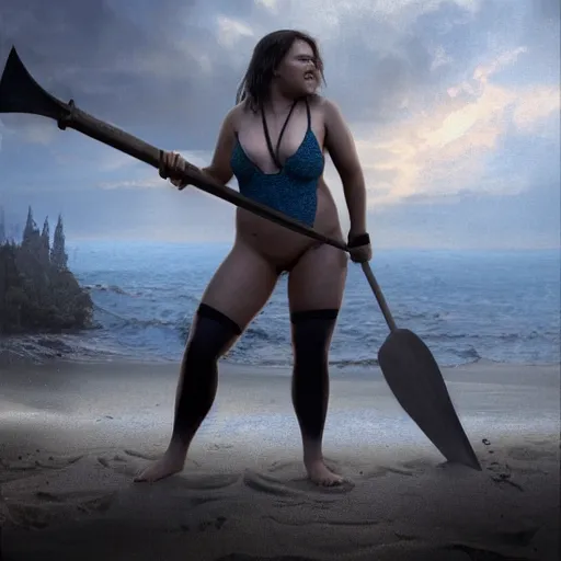 Prompt: hyperrealistic mixed media image of jack black in a bikini donning a mighty axe, stunning 3 d render inspired art by istvan sandorfi and greg rutkowski, perfect symmetry, realistic, highly detailed attributes and atmosphere, dim volumetric cinematic lighting, 8 k octane extremely hyper - detailed render, post - processing, masterpiece,