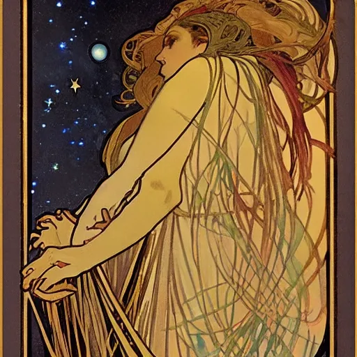 Prompt: nightsky by alphonse mucha