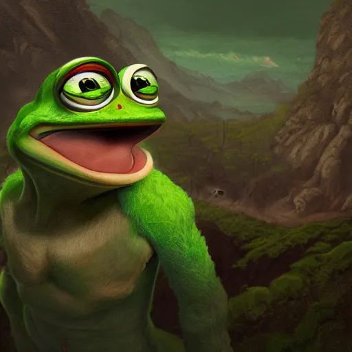 Prompt: pepe the frog, trending on artstation, incredible post - processing lighting, extreme detail, wide angle shot, epic scenery, epic scale, centered composition, cinematic composition, use rule of thirds, high details, intricate details