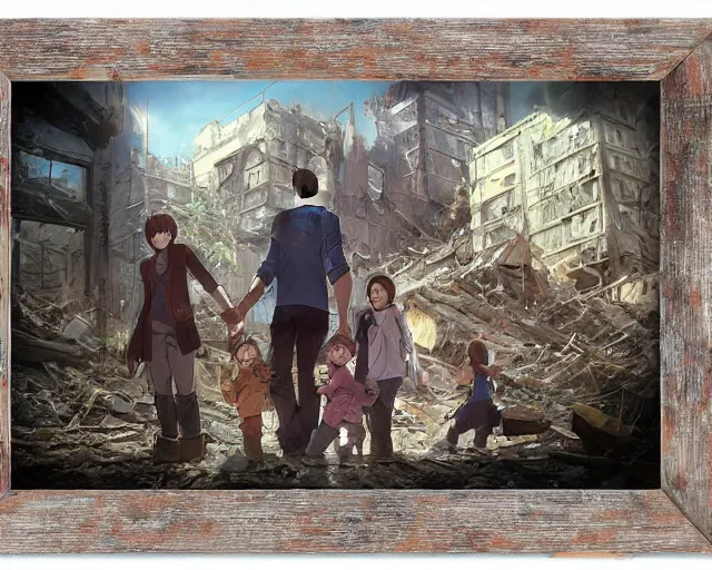 Image similar to a family photo in a wooden frame laying on rubble, ruins, post-apocalyptic, end of the world. By Makoto Shinkai, Stanley Artgerm Lau, WLOP, Rossdraws, James Jean, Andrei Riabovitchev, Marc Simonetti, krenz cushart, Sakimichan, trending on ArtStation, digital art.