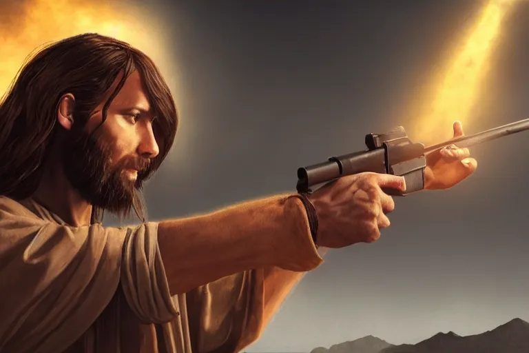 Prompt: real life photo of confident Jesus Christ holding a machine gun shooting the devil satan lucifer of hell, 8k, hyperrealistic, very detailed, clean, professional photography, epic composition, side profile, high contrast, upscaled, god rays