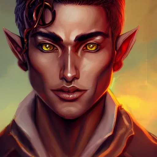 Image similar to dnd character portrait of a tanned half - elf with messy short red hair and golden eyes with slit pupils, beautiful and androgynous with dark skin, feral, glowing, golden hour, wearing a stylish men's suit, by ross tran and gerald brom, trending on artstation