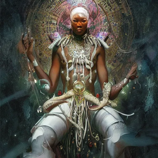 Image similar to african cosmic god obatala, dim light, front game card, marvel comics, dark, intricate, highly detailed, smooth, artstation, digital illustration by ruan jia and mandy jurgens and artgerm and wayne barlowe and greg rutkowski and zdislav beksinski.