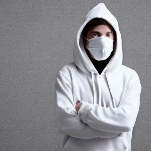 Prompt: person wearing featureless white plastic mask in hoodie, doing weird poses