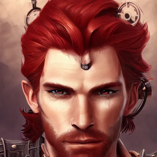 Prompt: rugged ship captain, male, handsome, flowing red hair, fantasy, detailed face, ruggedly handsome, intricate, elegant, highly detailed, piercing eyes, steampunk, digital painting, artstation, concept art, character art, smooth, sharp focus, illustration, art by artgerm